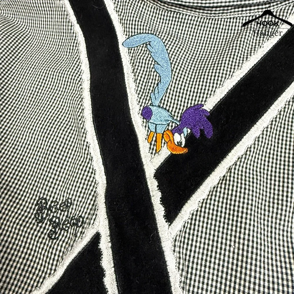Vintage Warner Bros Looney Tunes Shirt XL Black White Gingham 90s Faux Suspender - Picture 8 of 13